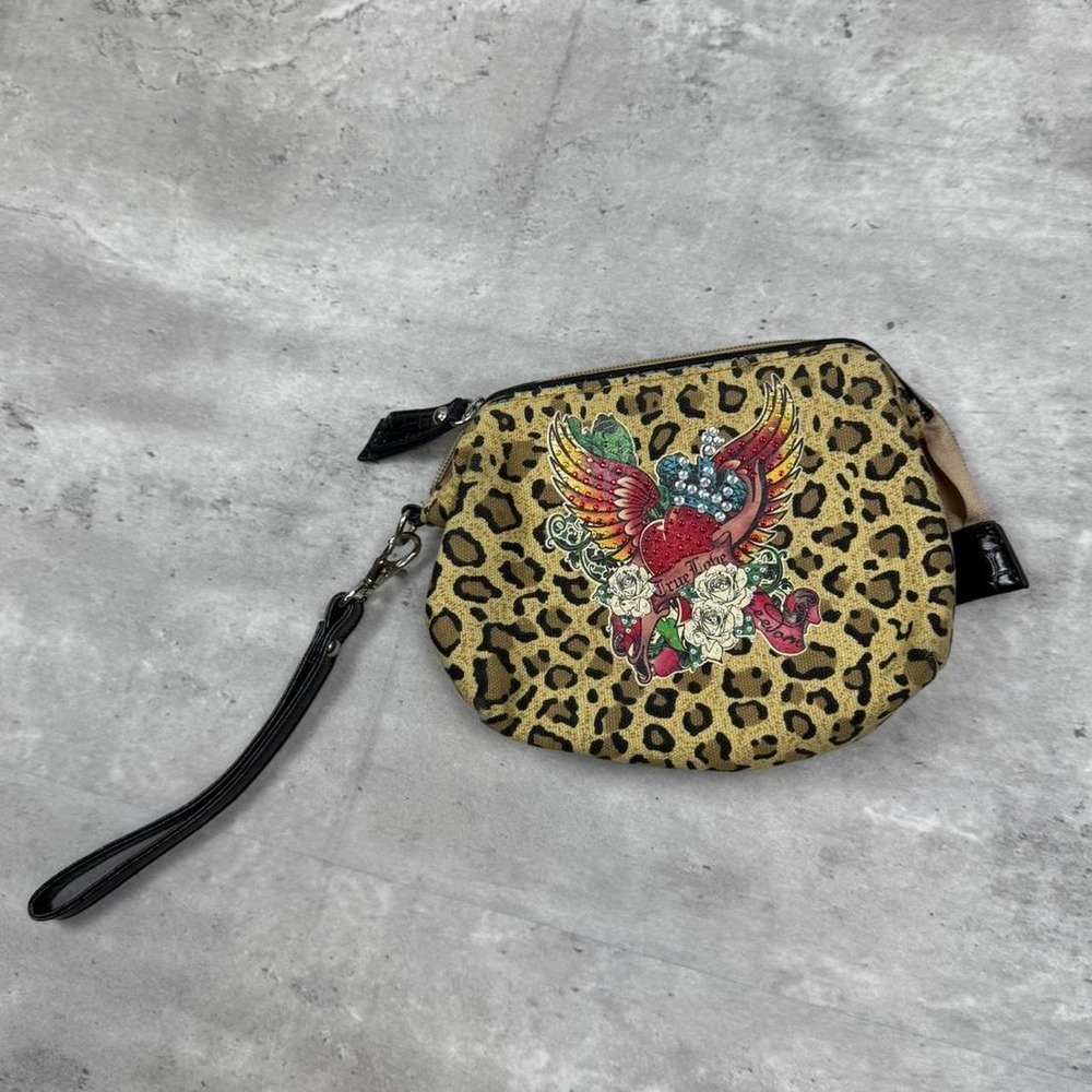 Ed Hardy Christian Audigier Leopard Print Makeup Bag True Love Tattoo Wristlet